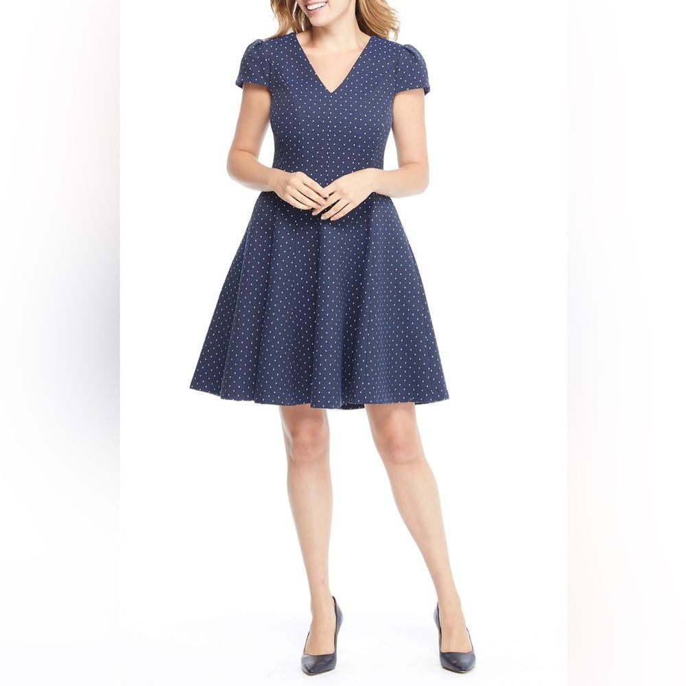 Gal Meets Glam Lorraine Elegant Navy Polka Dot Dress sz 14